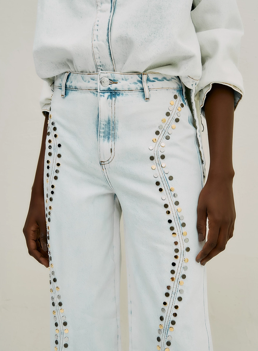 Calça Jeans Wide Leg Com Strass Índigo 3