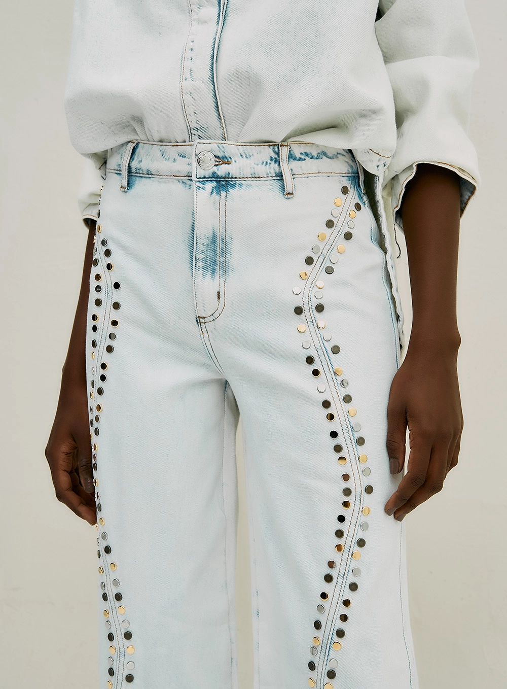 Calça Jeans Wide Leg Com Strass Índigo 3