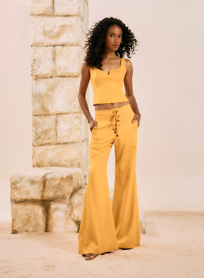 Calça Pantalona Lace Up Amarelo 1