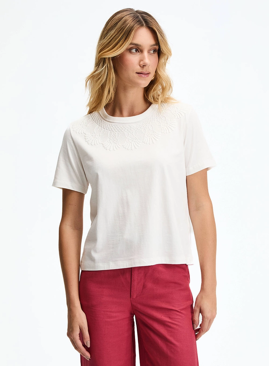 Camiseta Comfort Básica Com Detalhe De Renda Off Shell 1