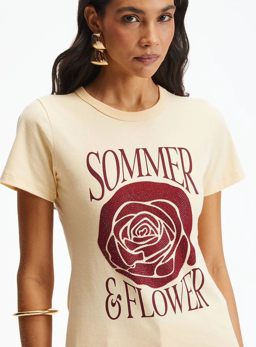 Camiseta Slim Estampada Com Aplicação Bege 3