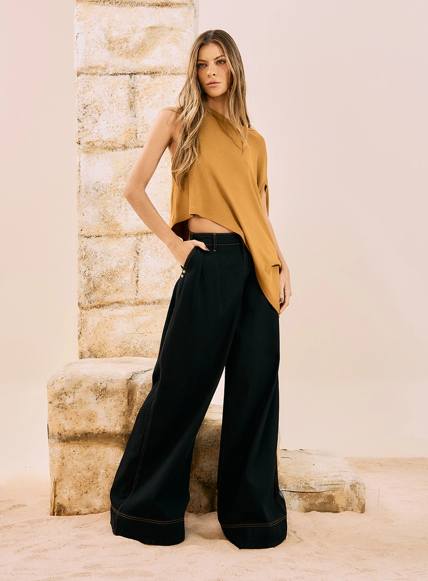 Calça Jeans Wide Leg Ampla Preto 4