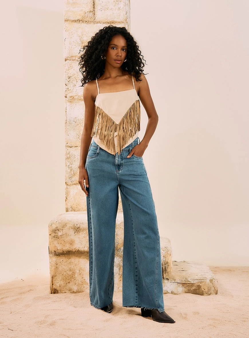 Calça Jeans Wide Leg Com Recortes Índigo 1