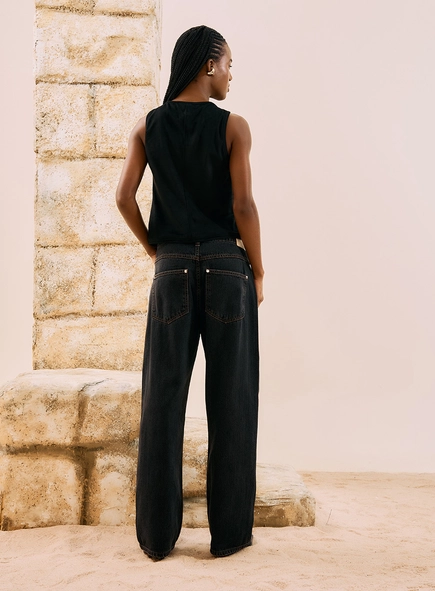 Calça Jeans Wide Leg Com Pespontos