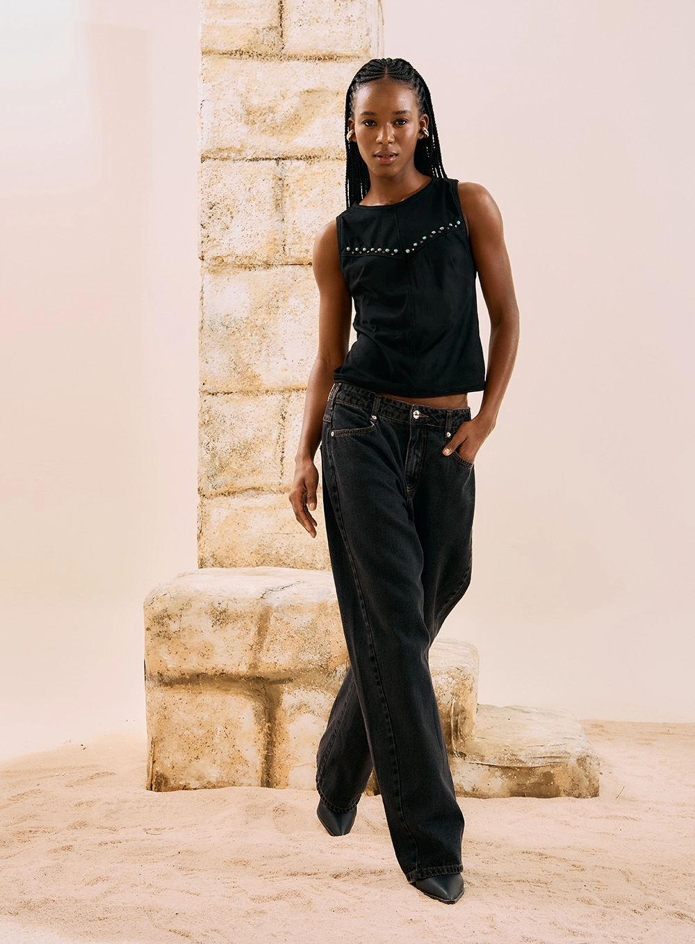 Calça Jeans Wide Leg Com Pespontos Indigo Preto 4