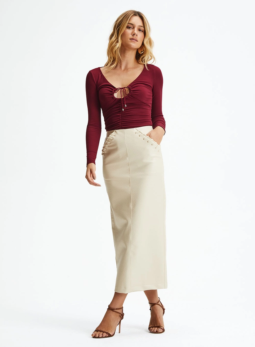 Blusa Slim De Manga Longa Com Franzido E Amarração Bordo 5