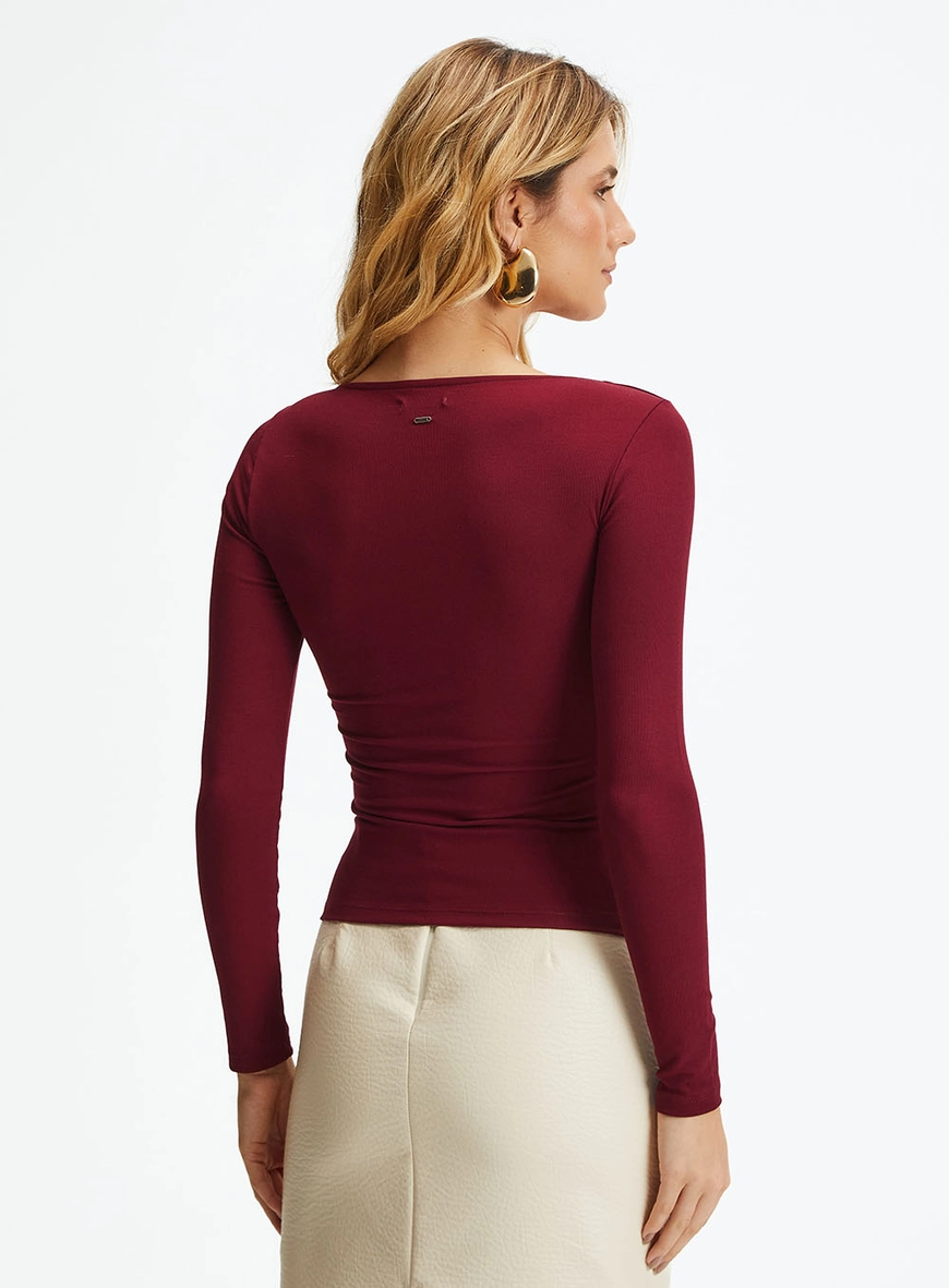 Blusa Slim De Manga Longa Com Franzido E Amarração Bordo 2
