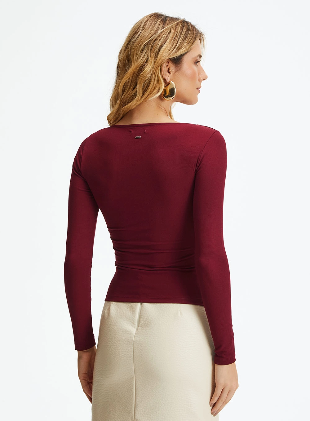 Blusa Slim De Manga Longa Com Franzido E Amarração Bordo 2