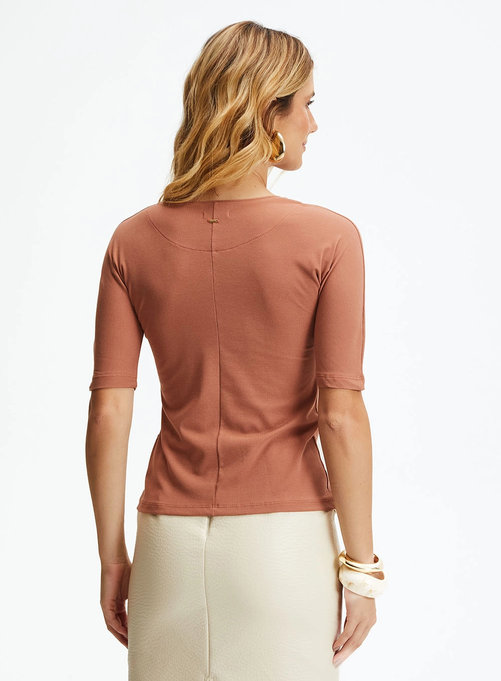 Blusa Slim Gola Redonda E Manga 3/4 Marrom 2