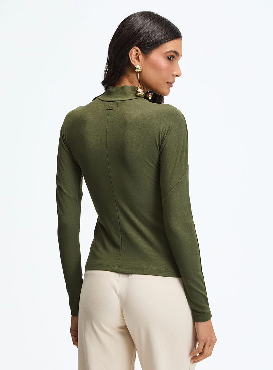 Blusa Slim Canelada Manga Longa E Gola Alta Verde 3