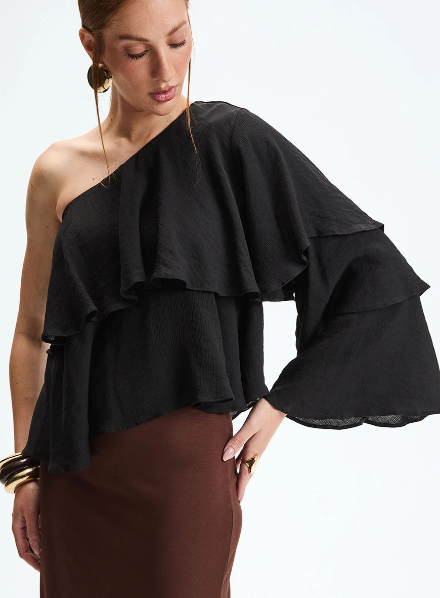 Blusa Godê Assimétrica De Um Ombro Só Preto 3