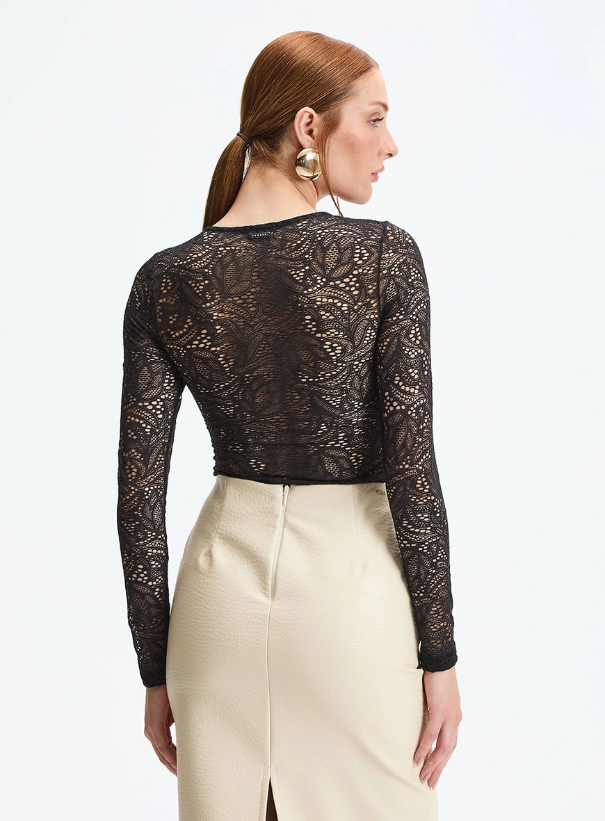 Blusa Renda Slim Manga Longa Preto 4