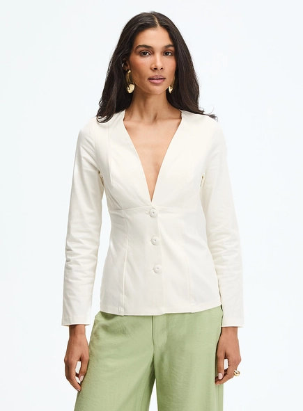 Blusa Alfaiataria Decote V Manga Longa