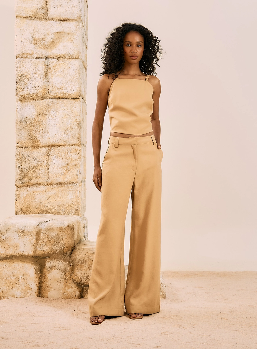 Calça Wide Leg Risca De Giz Amarelo 1
