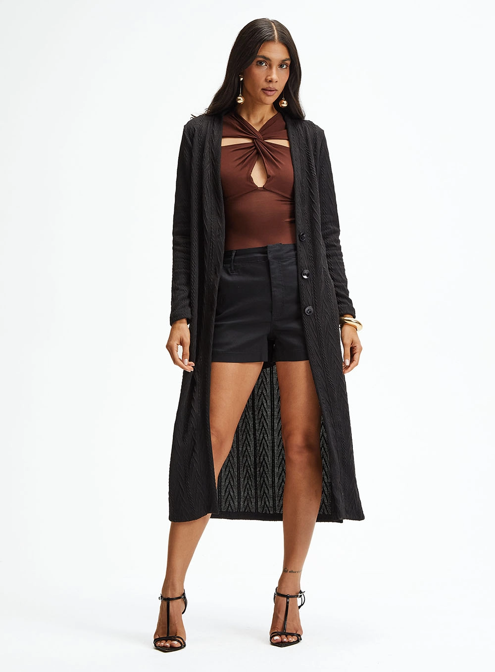 Blusa Slim Manga Longa Detalhe Frontal Marrom 1