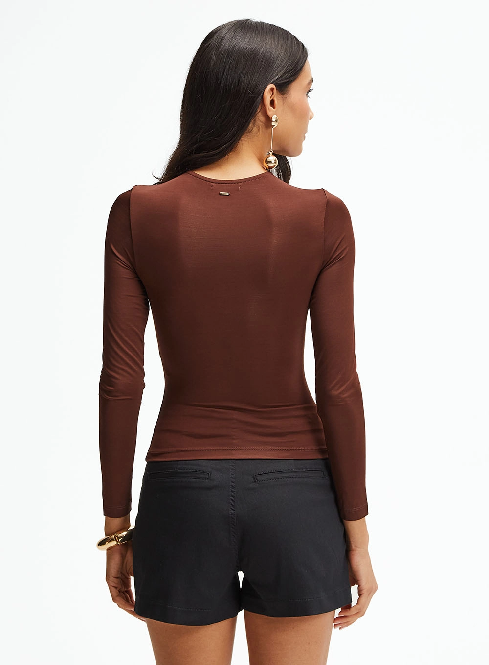 Blusa Slim Manga Longa Detalhe Frontal Marrom 4
