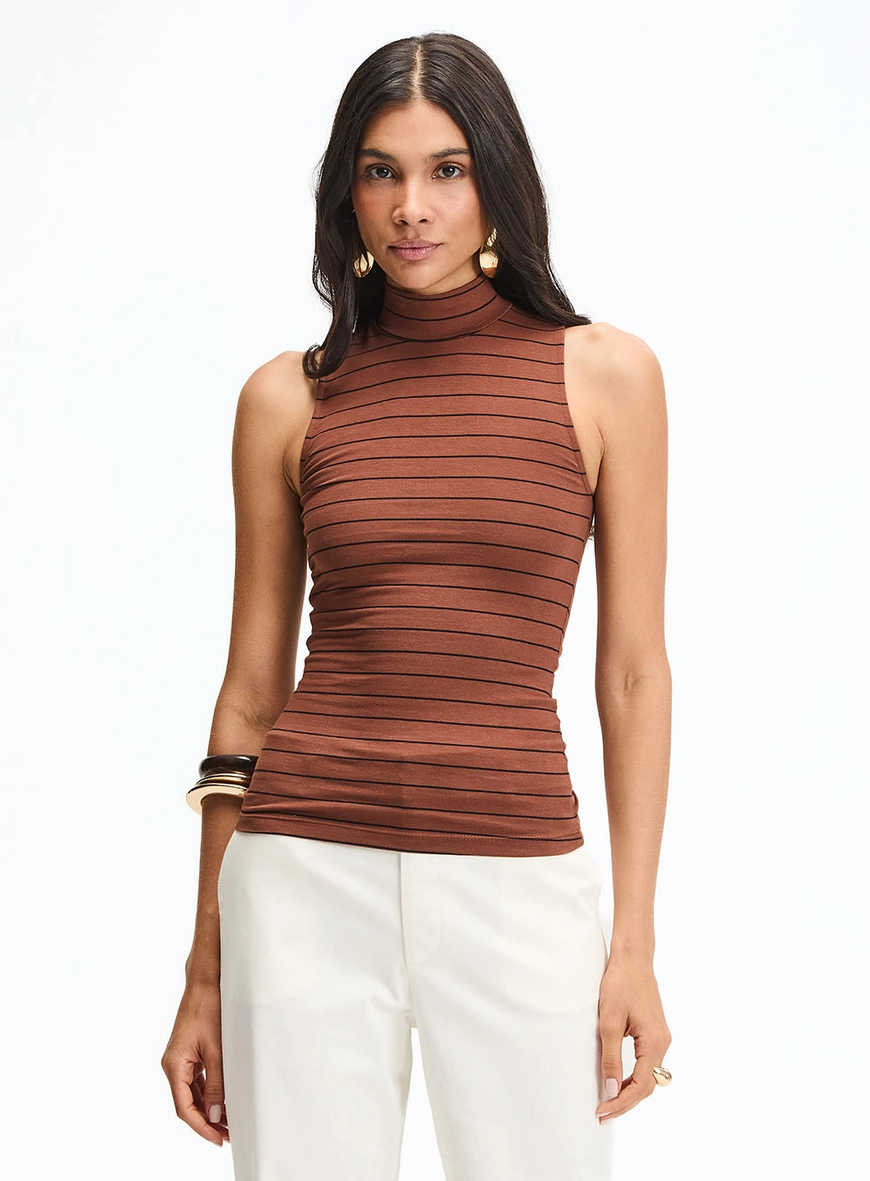 Regata Feminina Slim Gola Alta Listrada Marrom 2