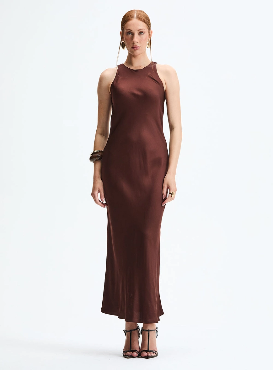 Vestido Maxi Midi Evasê Gola Redonda Alta Marrom 2