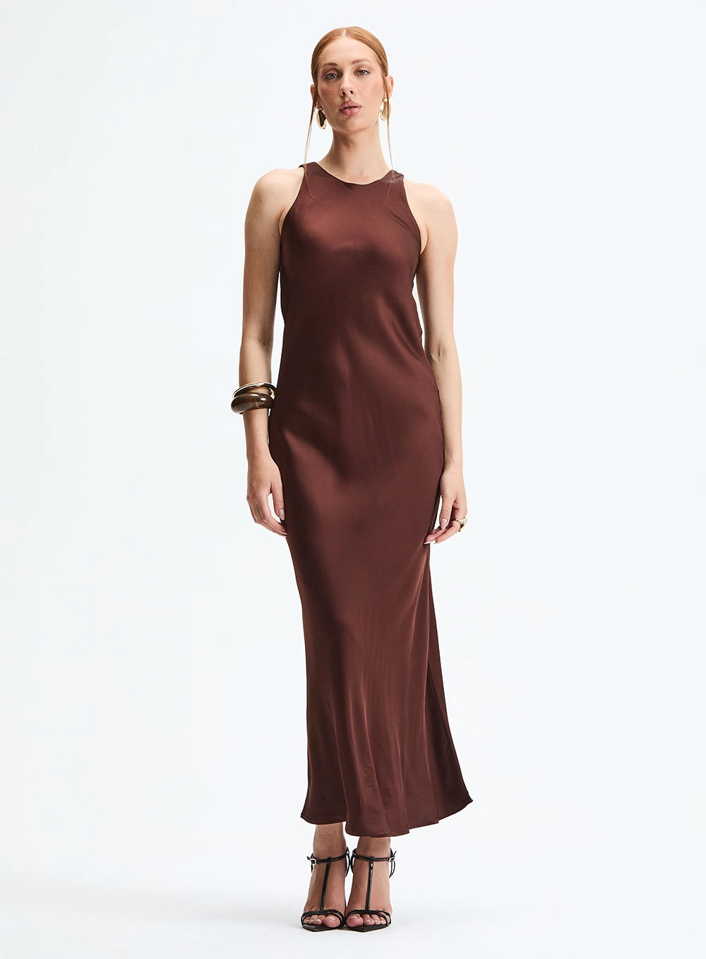 Vestido Maxi Midi Evasê Gola Redonda Alta Marrom 1