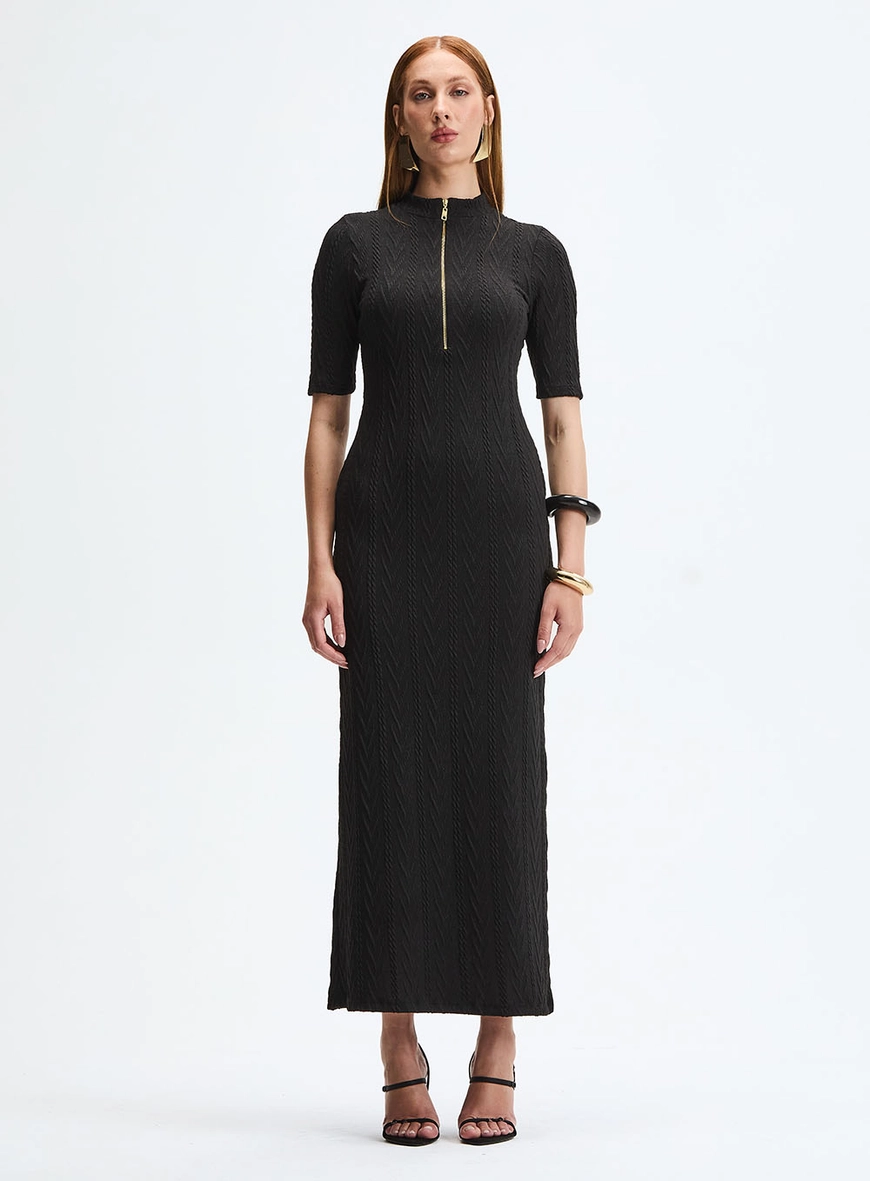 Vestido Longo Slim Gola Alta Com Zíper Preto 2