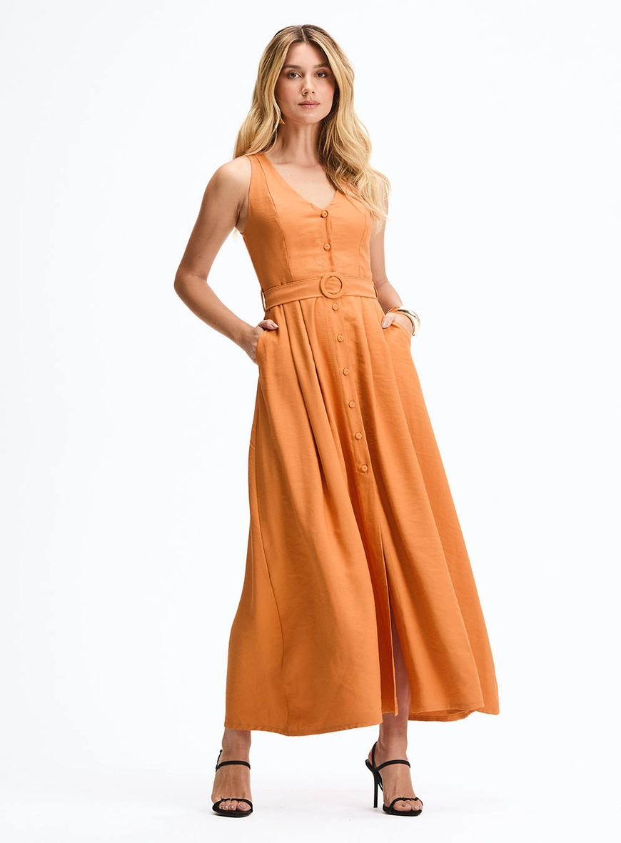 Vestido Longo Evasê Com Decote Em V E Recortes Laranja 1