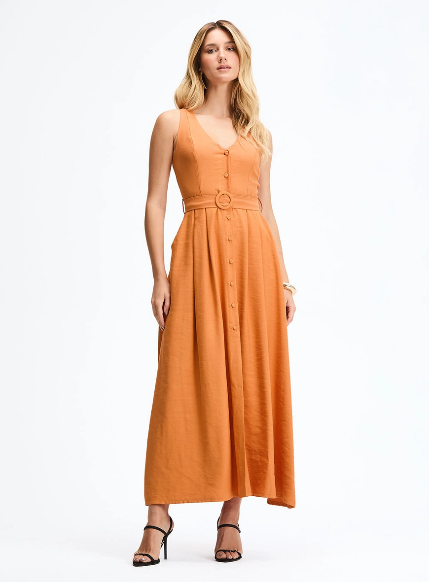 Vestido Longo Evasê Com Decote Em V E Recortes Laranja 2