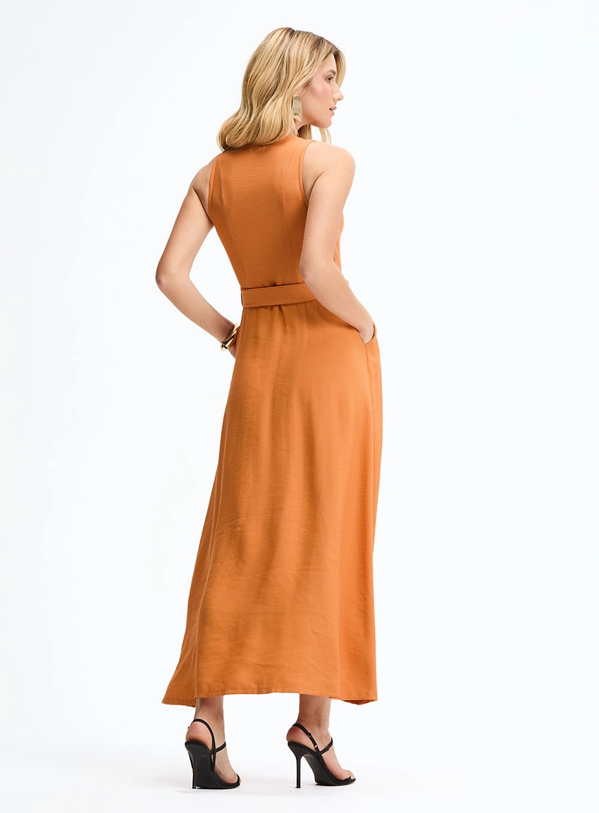 Vestido Longo Evasê Com Decote Em V E Recortes Laranja 4