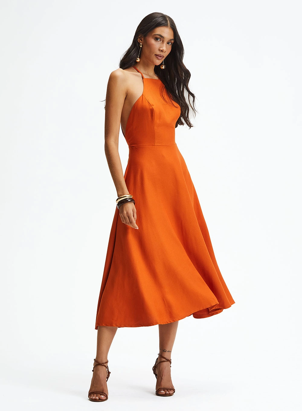 Vestido Midi Godê Com Decote Halter Alto Laranja 1