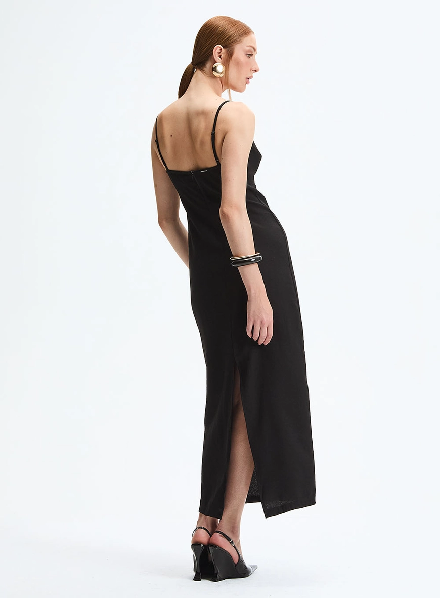 Vestido Midi Slim Com Decote Em V Preto 4
