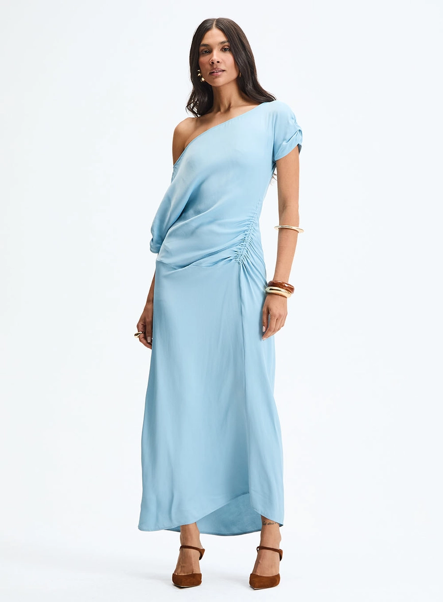 Vestido Longo Assimétrico Com Drapeado Azul 2