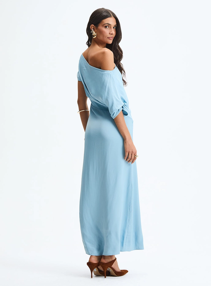 Vestido Longo Assimétrico Com Drapeado Azul 4