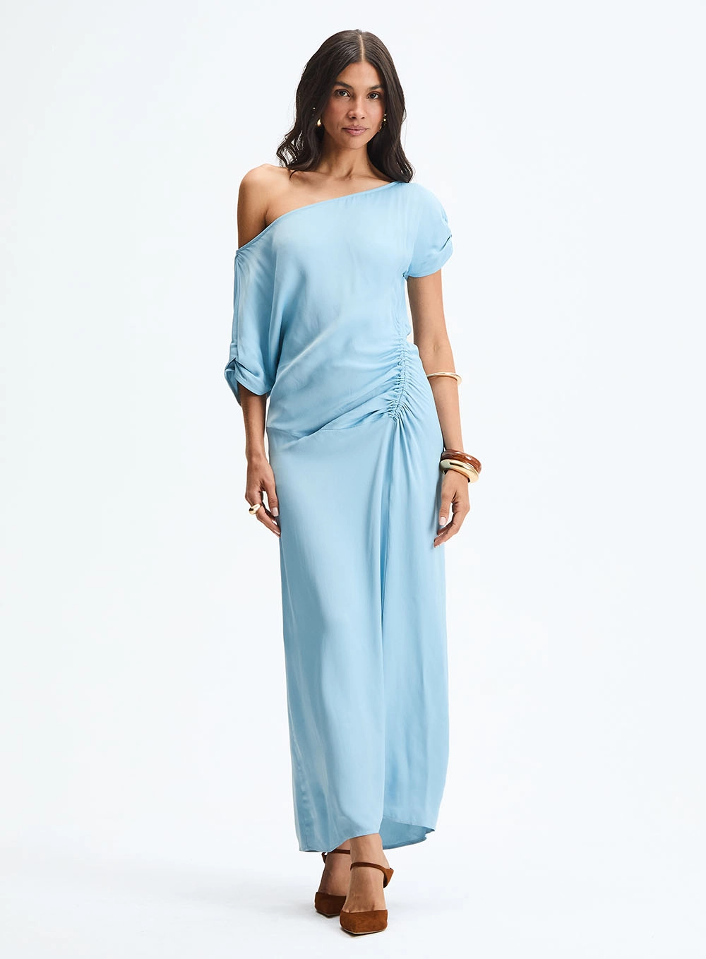 Vestido Longo Assimétrico Com Drapeado Azul 1