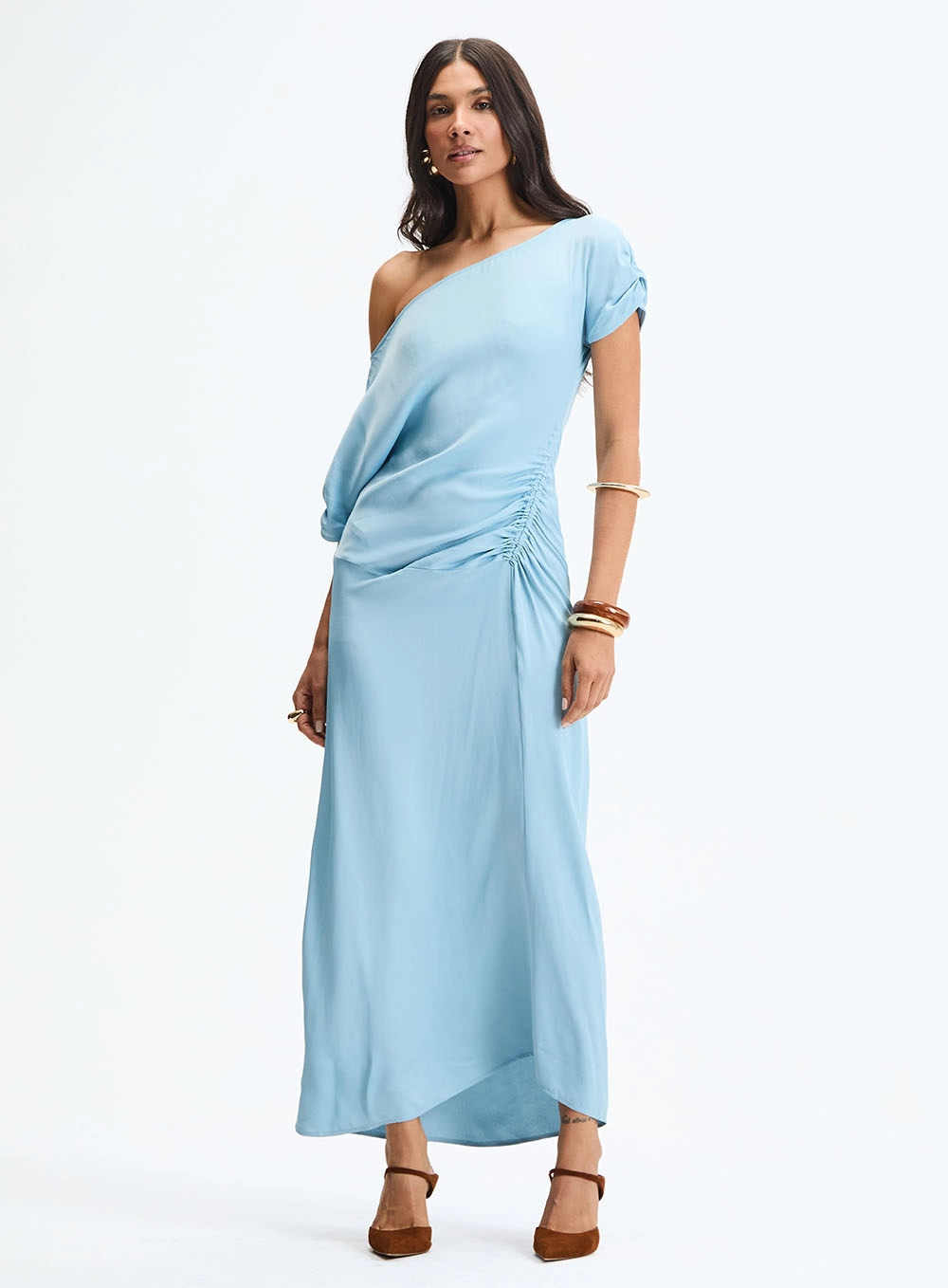 Vestido Longo Assimétrico Com Drapeado Azul 2