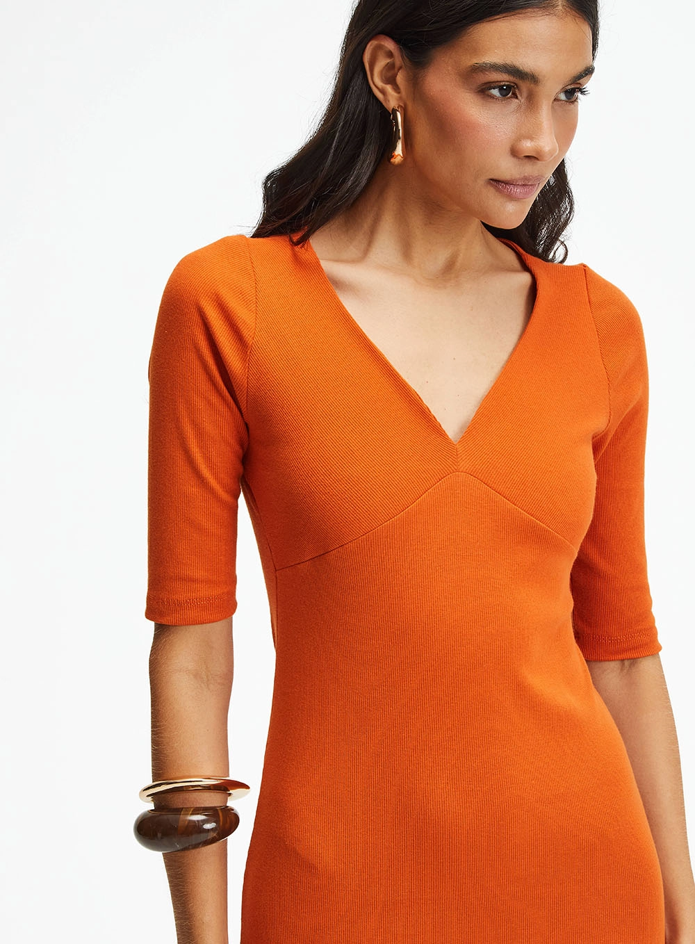 Vestido Midi Slim Canelado Com Fenda Laranja 3