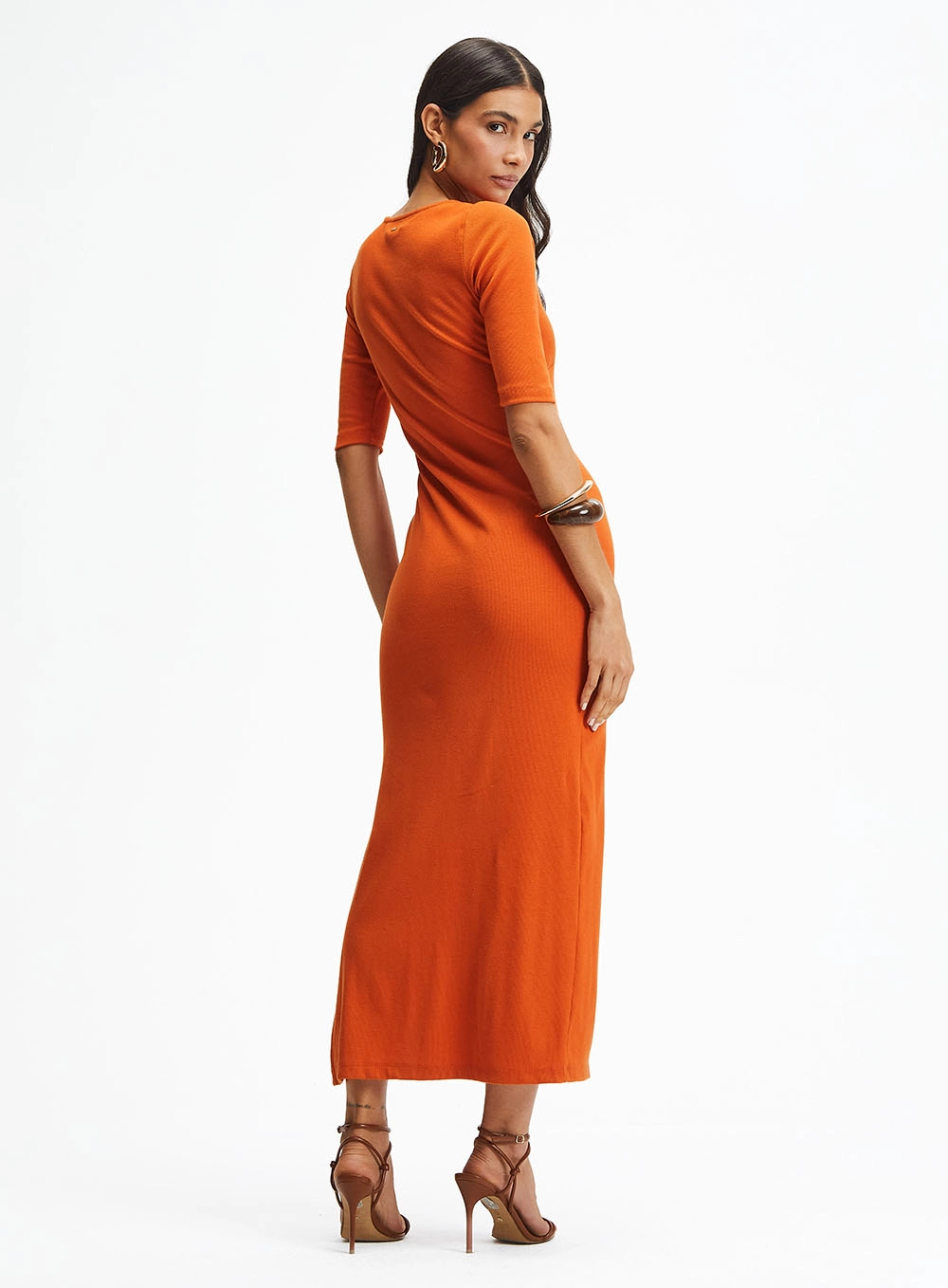 Vestido Midi Slim Canelado Com Fenda Laranja 4