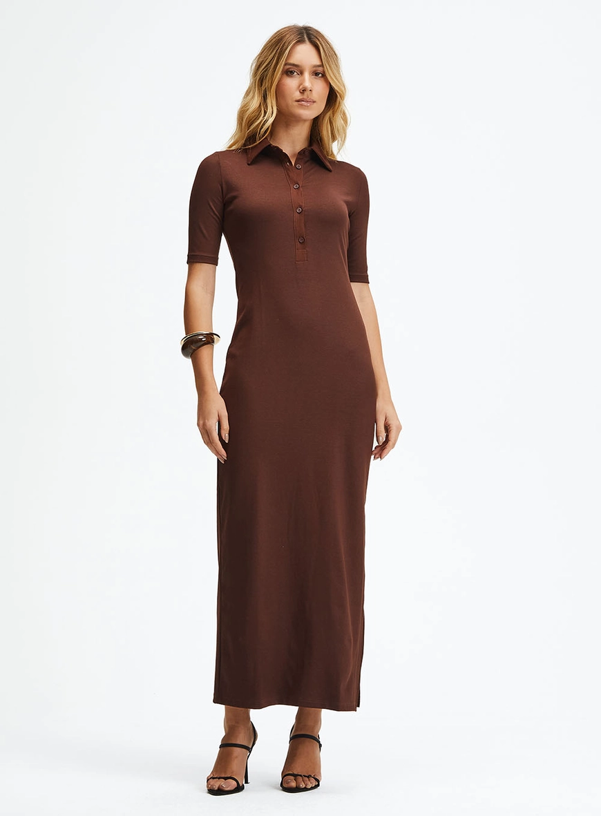 Vestido Midi Slim Polo Com Fenda Lateral Marrom 2