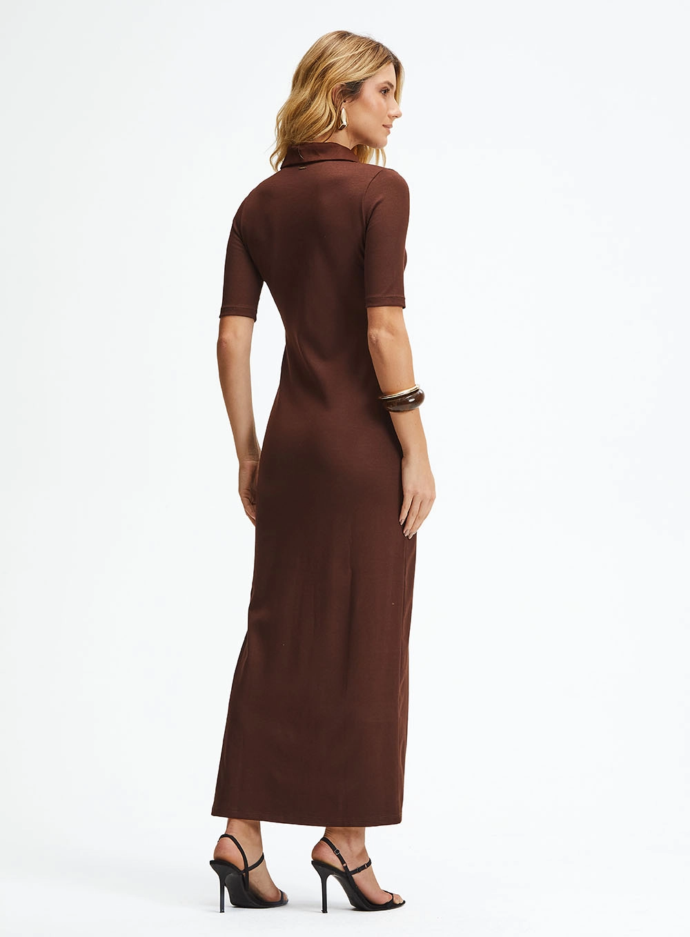 Vestido Midi Slim Polo Com Fenda Lateral Marrom 4