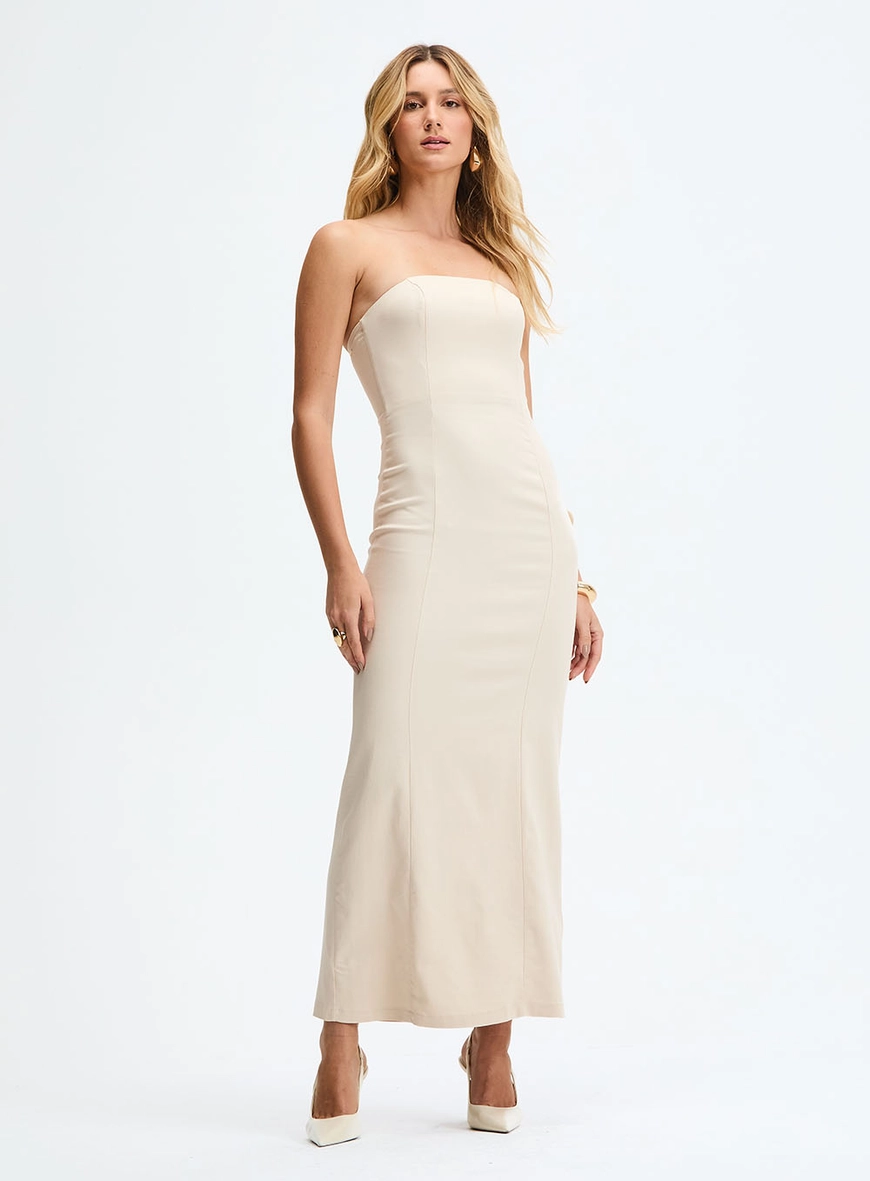 Vestido Longo Slim Tomara Que Caia Com Fenda Bege 2