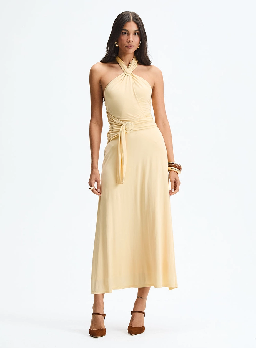 Vestido Midi Comfort Com Faixa E Argola Bege 2