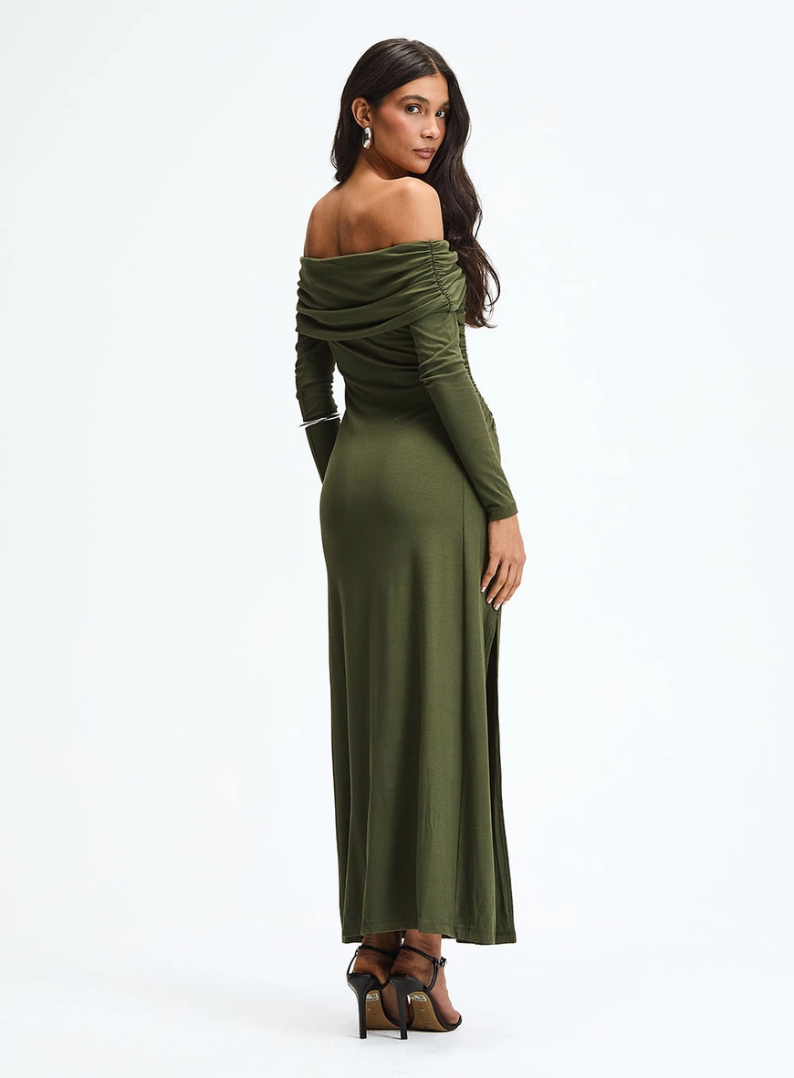 Vestido Slim Longo Decote Ombro A Ombro E Fenda Verde 4