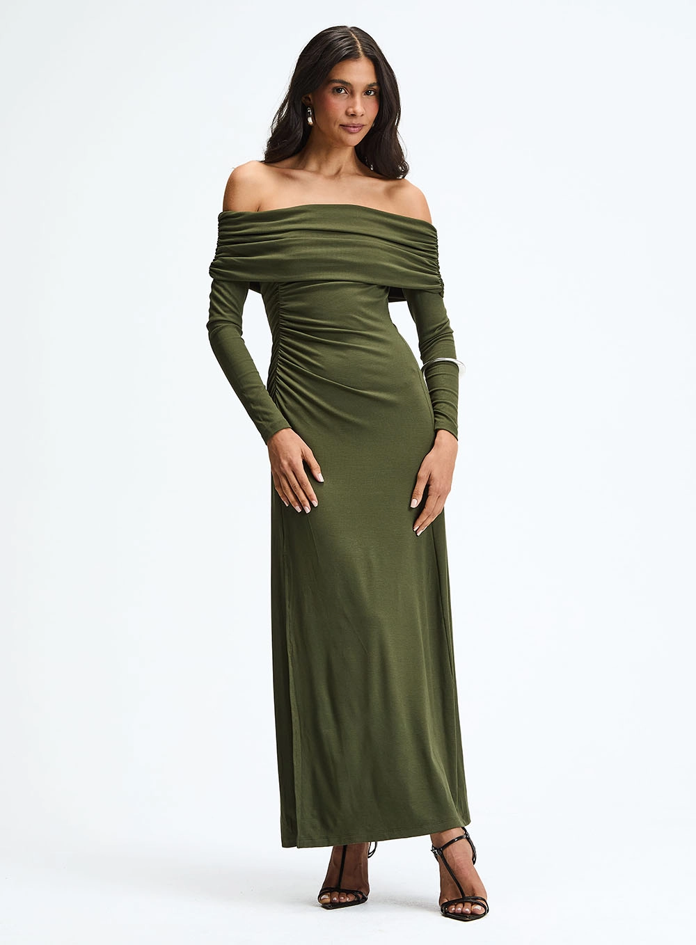 Vestido Slim Longo Decote Ombro A Ombro E Fenda Verde 1