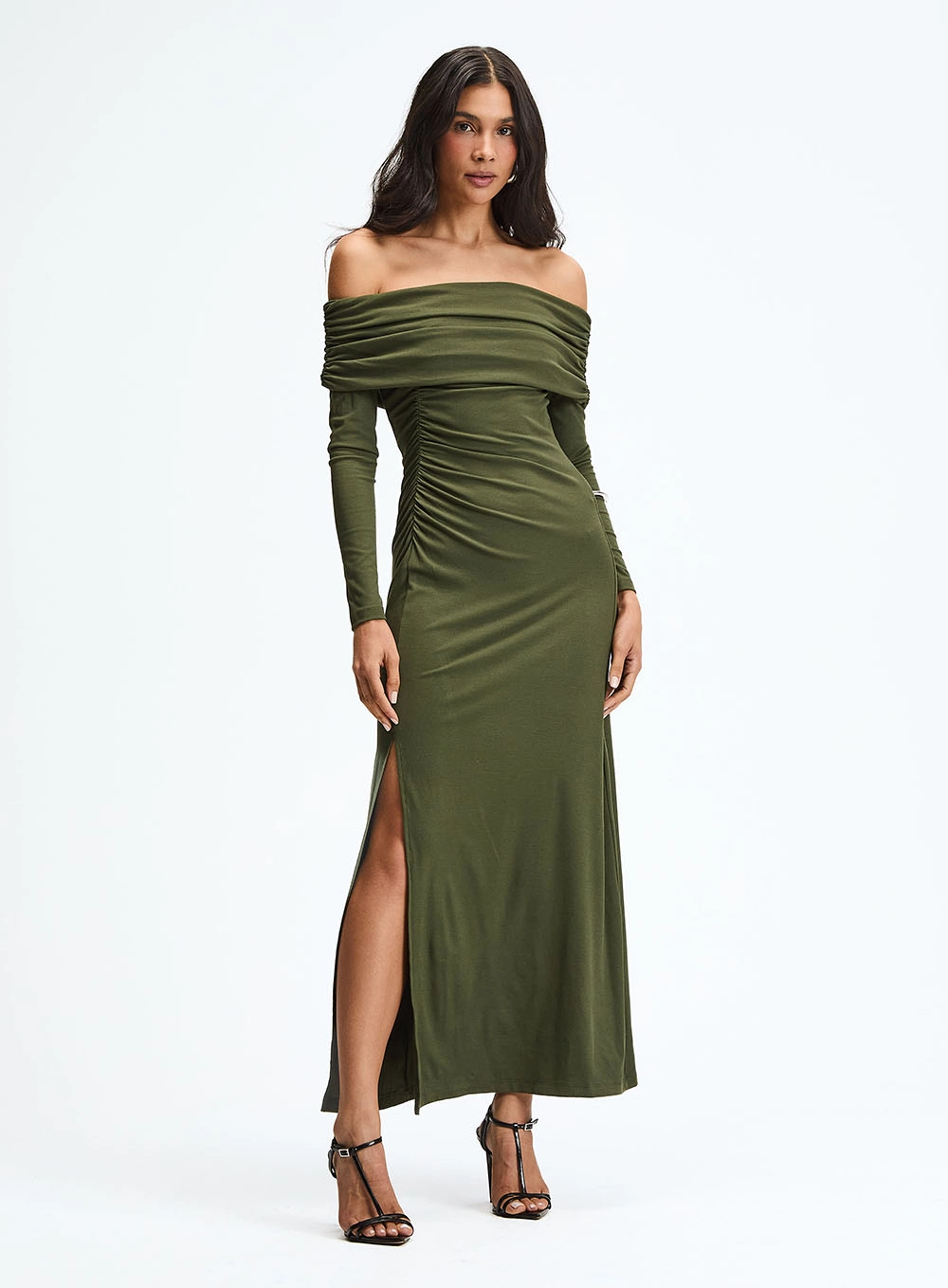 Vestido Slim Longo Decote Ombro A Ombro E Fenda Verde 2