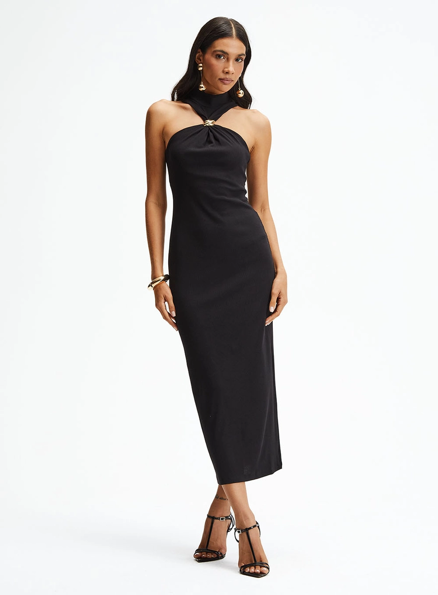 Vestido Midi Slim Canelado Com Gola Alta E Torção Preto 1
