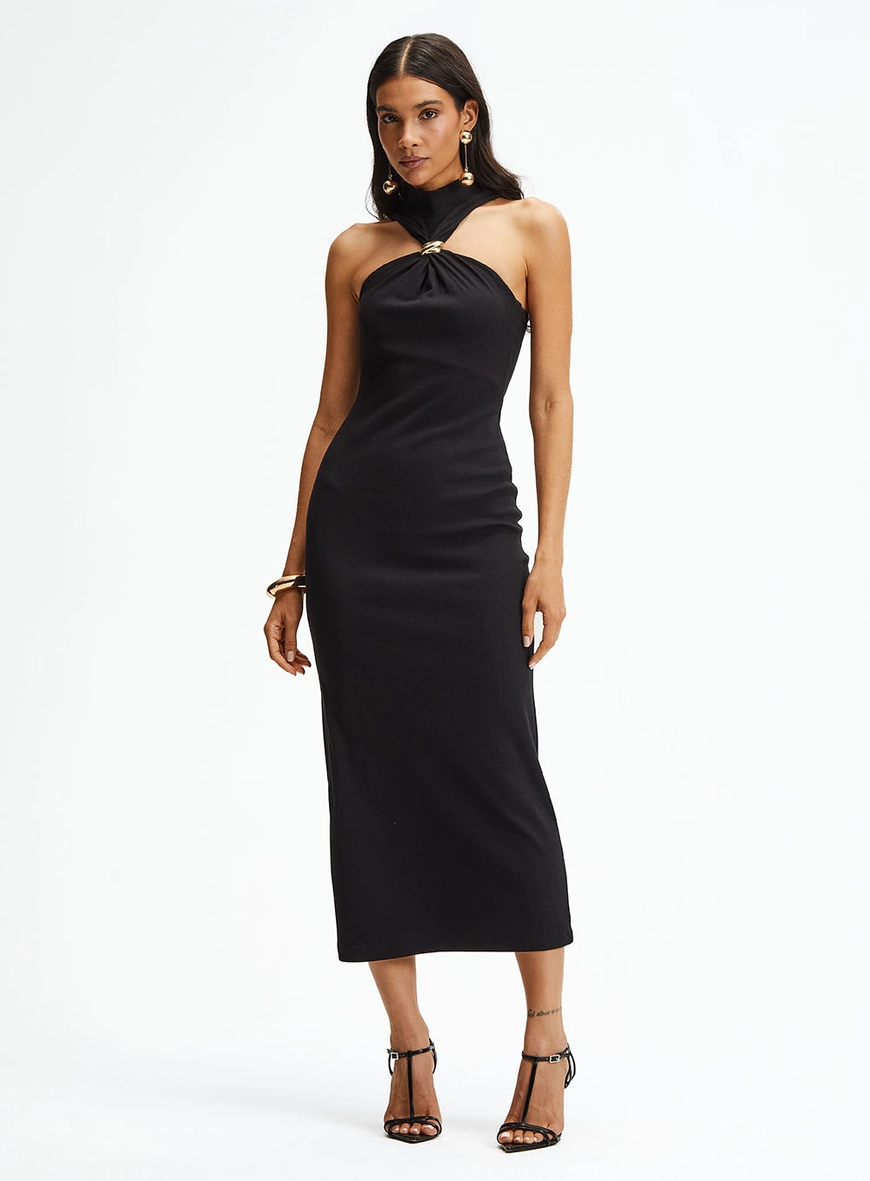 Vestido Midi Slim Canelado Com Gola Alta E Torção Preto 2