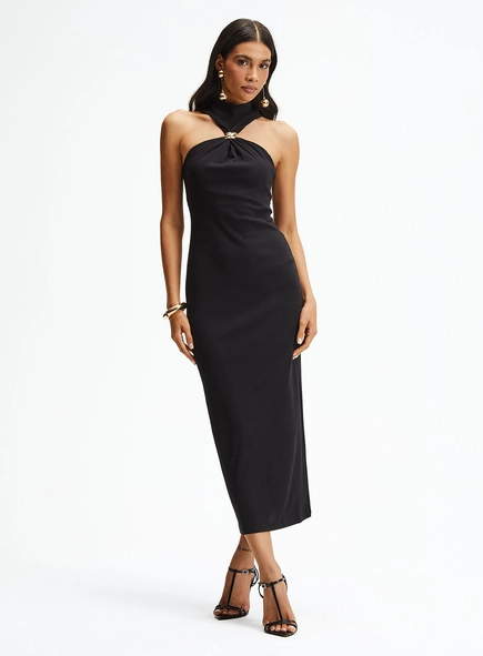 Vestido Midi Slim Canelado Com Gola Alta E Torção