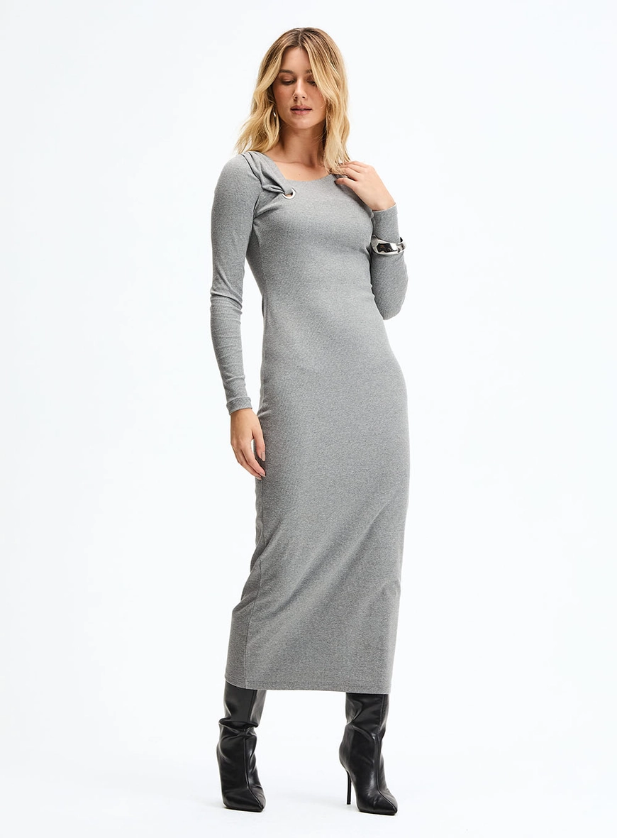 Vestido Longo Slim Com Torção Cinza 1