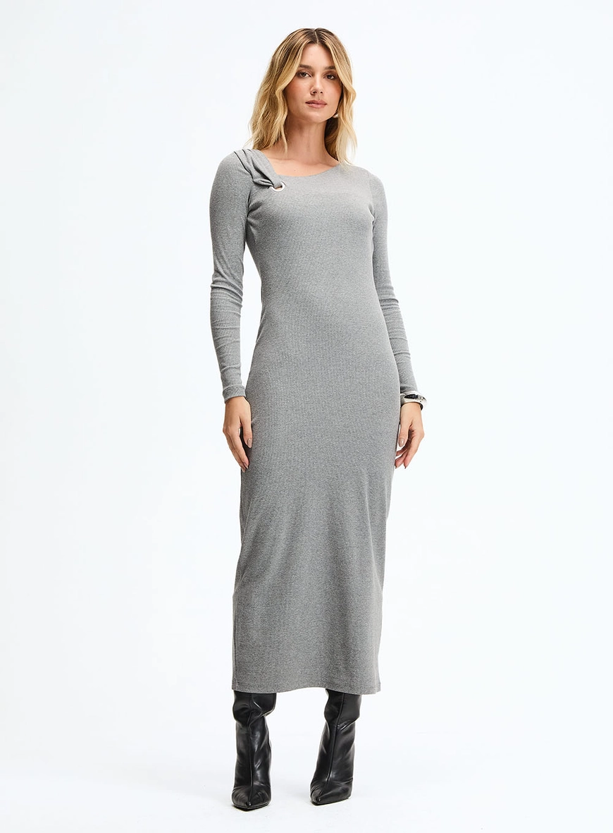 Vestido Longo Slim Com Torção Cinza 2