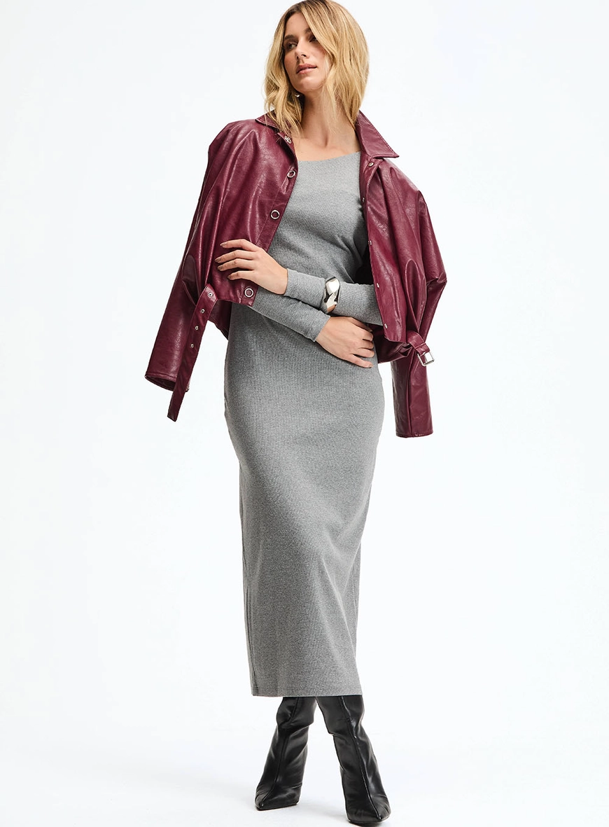 Vestido Longo Slim Com Torção Cinza 5