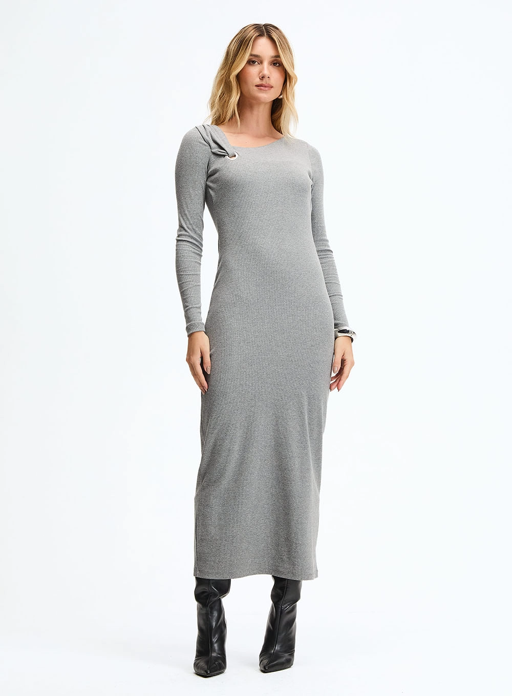 Vestido Longo Slim Com Torção Cinza 2