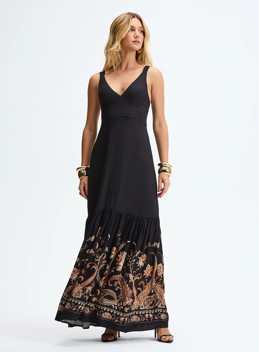 Vestido Longo Godê Decote V - Floral Paisley Preto 1